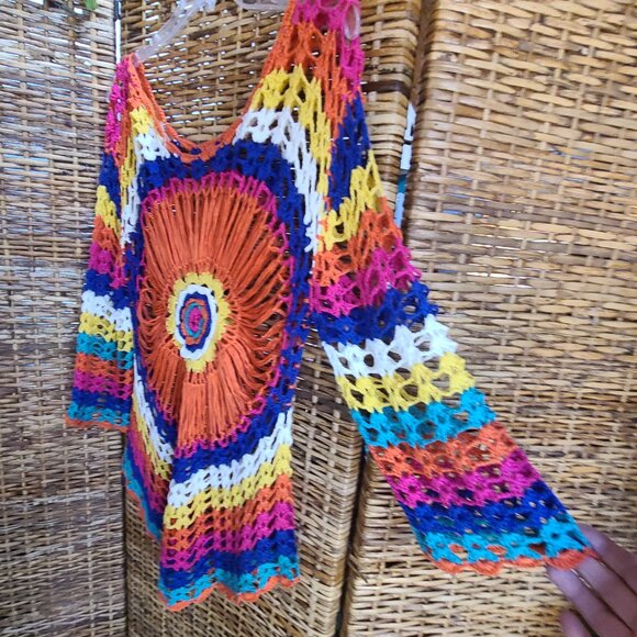 VTG Open Crochet Top Small Vivid Colors Sz S 3/4 Bell Sleeve Hippie Bohemian - Picture 3 of 5
